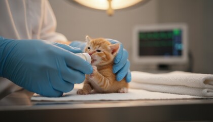 Tiny ginger kitten being bottle fed by vet in clinic, symbol of animal rescue care, veterinary medicine and compassionate pet adoption stories