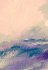 Impressionistic Landscape Grassland, Pasture, Field, Meadow w/Tall, Wild Grass in Forefront-Digital Art, Painting, Illustration, Design w/Paint & Canvas Texture in Mint Green, Aqua, Purple