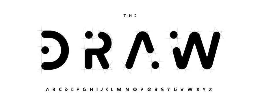 Architect Draw Font Logo Alphabet Rounded Abstract Letters Set Architectural Typography, Creative Typographic Title Text, Typo Poster Headline, Type Symbol Logos, Sans Serif Fonts. Vector Typeface