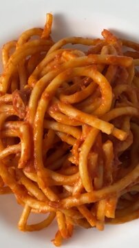 Bucatini pasta Amatriciana, Italian pasta with tomato sauce, pecorino cheese, and guanciale bacon in a white dish, tracking shot  and zoom out