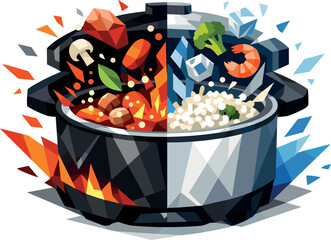 Dual Cooking Dynamics. Low-poly vector illustration focused on dual cooking processes happening at once inside one smart
