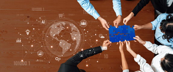 Diverse team members work together on a puzzle piece project, symbolizing collaboration and innovation, with a global technology theme enhancing their efforts. Trope