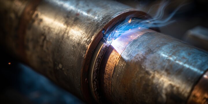 Welding a pipe to join metal parts in an industrial workshop during the day - Powered by Adobe
