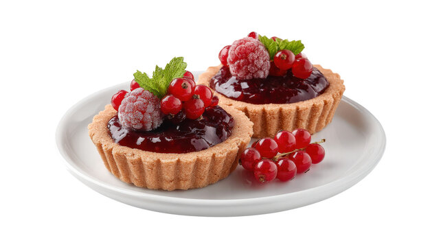 Tasty biscuit cakes with jam and berries on a plate isolated on a white background - Powered by Adobe