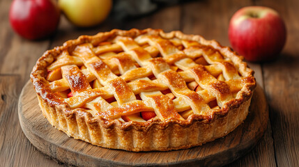 Classic homemade apple pie with golden lattice crust, served on a wooden board with fresh apples.