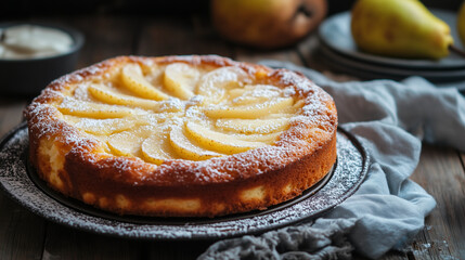 Rustic pear cake on a baking tray with powdered sugar, cozy homemade dessert styled on a wooden table.