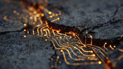 Crack with glowing circuit lines