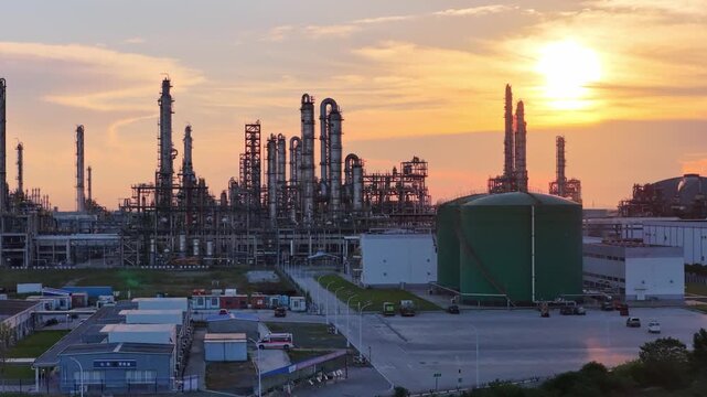 Large Industrial Refinery Complex Aerial View at Sunset