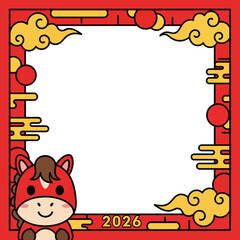 Obraz premium Cute Cartoon Horse Character with Chinese New Year Decorations and Year 2026. Lunar New Year Vector Illustration. EPS Editable