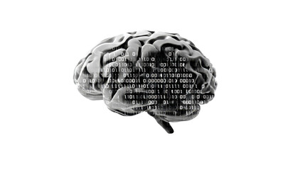 Digital brain with binary code overlay