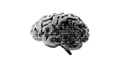 Digital brain with binary code overlay