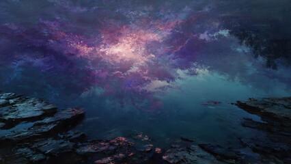 Dramatic sky over rocky shoreline