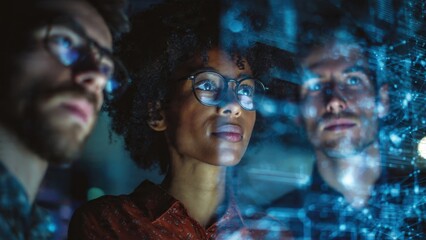 Focused scientists analyzing complex data