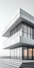 Modern architectural design featuring a sleek concrete and glass structure with minimalistic lines and an airy atmosphere.