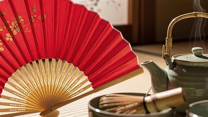 Traditional Chinese tea set with red fan on tatami mat, warm indoor setting for Lunar New Year celebration and cultural ritual