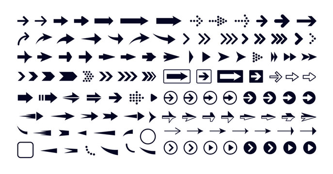 Arrow icons set, navigation symbols for web, app, UI, infographic design. Direction signs, play buttons, cursor elements for interface, presentation templates. Arrow icons Vector illustration.