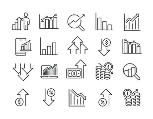 Set of graph and chart icons in trendy line style isolated on white background concept of statistic with money down up trend for modern infographic