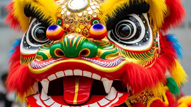 Vibrant close-up of a traditional lion dance mask celebrating Lunar New Year, rich colors and festive spirit demonstrated vividly