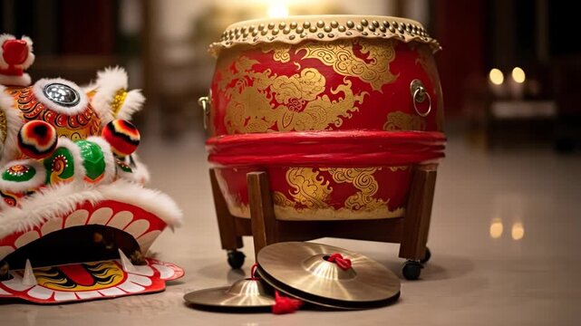 Lunar New Year dragon mask and traditional drum with cymbals for festive celebration