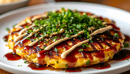 Savory Japanese okonomiyaki pancake drizzled with sauce and mayonnaise, garnished with green herbs