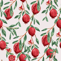 Seamless pattern with pomegranate fruit branch. Botanical background