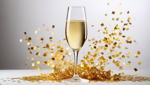Sektglas Mit Goldkonfetti Auf Weissem Hintergrund