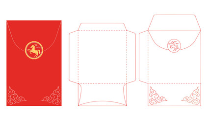 Red envelope with horse emblem and ornate corners with diecut template. Lunar New Year Vector Illustration. EPS Editable