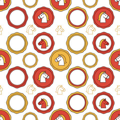Seamless Pattern of Horse Head Emblems and Circular Frames. Lunar New Year Vector Illustration. EPS Editable