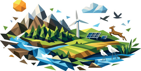 Geometric Eco Landscape. Low-poly vector illustration focused on landscapes and ecology, polygonal geometric style with sharp