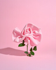 A pink towel folded and manipulated to resemble a rose flower, complete with real green leaves and a stem. 