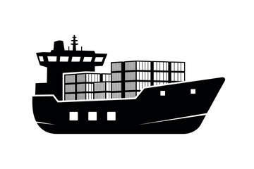 Obraz premium Black silhouette of a cargo ship with containers isolated on white background