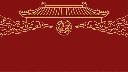 Traditional Chinese Temple Gate with Auspicious Clouds and Zodiac Symbol. Lunar New Year Vector Illustration. EPS Editable