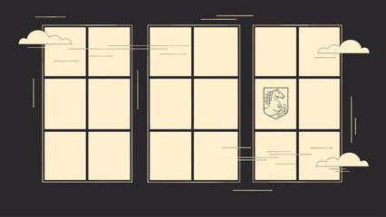 Traditional Japanese Shoji Screen with Clouds and Emblem. Lunar New Year Vector Illustration. EPS Editable