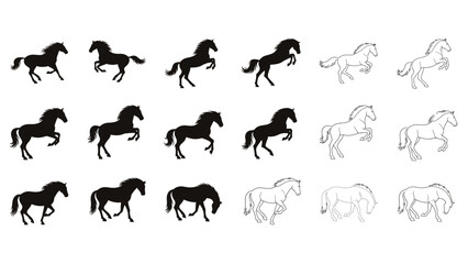 Set of Various Horse Silhouettes and Outline Illustrations in Dynamic Poses. Lunar New Year Vector Illustration. EPS Editable