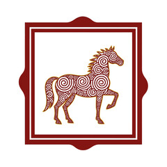Stylized Horse Illustration with Celtic Swirl Patterns in a Decorative Frame. Lunar New Year Vector Illustration. EPS Editable