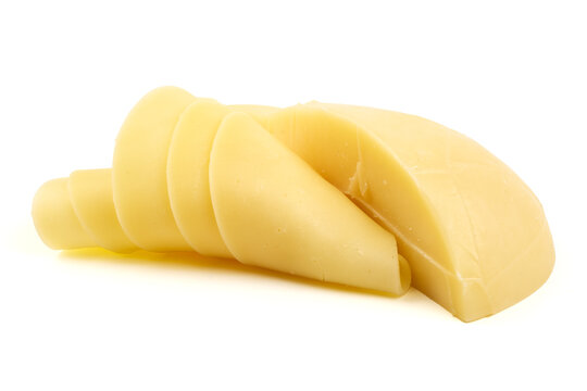 Sliced Scamorza cheese, isolated on white background