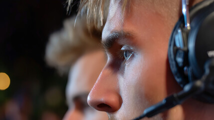 Close up profile of a man wearing gaming headphones with microphone in a dim gaming setting lit by monitor light. Intense portrait of a player focused on competition or streaming.