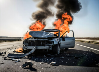 Car accident with flames and smoke on the highway road