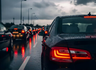 Cars are stopped on wet highway with cloudy sky and street lights on gloomy day