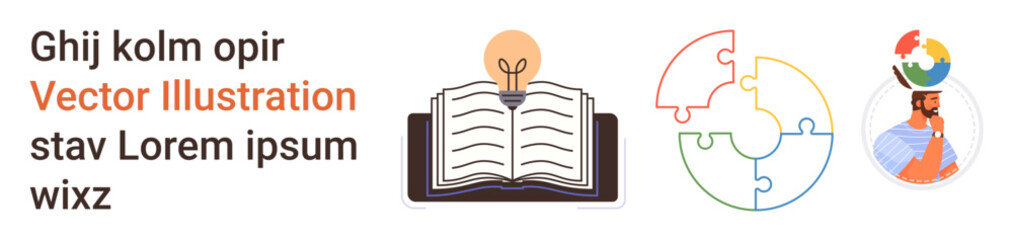 Education, innovation, brainstorming, learning, self-development, teamwork. Open book with lightbulb, puzzle illustration avatar profile. Education and innovation concepts for creativity © robu_s
