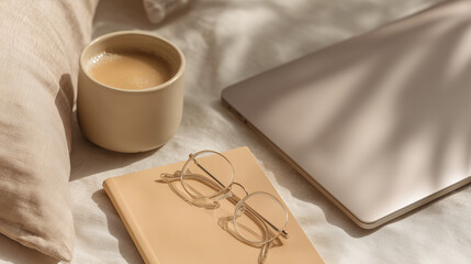 Flat lay: laptop notebook and glasses on the bed next to a coffee cup a morning work scene with soft light.
