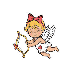 A cherubic angel with a bow and arrow flies through the air with a heart on her diaper.