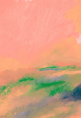 Impressionistic Landscape of Sunset Over Grassland, Pasture, Field, Meadow w/Tall, Wild Grass in the Forefront-Digital Art, Painting, Illustration, Design w/Paint & Canvas Texture in Coral Pink, Green