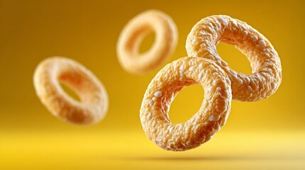 Floating cereal rings in vibrant yellow background, showcasing ultra-photorealistic product photography with softbox lighting, high dynamic range, and minimalistic clean design for commercial use
