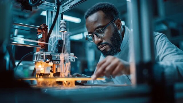 Medium shot of a technician examining a metallic 3Dprinted copper alloy prototype in a hightech additive manufacturing lab.