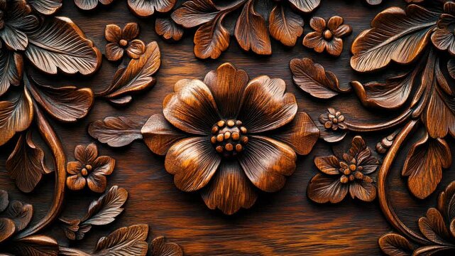 Wood carving process in a workshop showing detailed floral patterns and designs