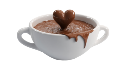 Ceramic white cup mug sweet cocoa coffee dark chocolate heart 3d raise float love splash liquid hot. valentine and drink