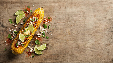 Grilled Corn on the Cob with Lime Cilantro and Cotija Cheese on Wooden Background