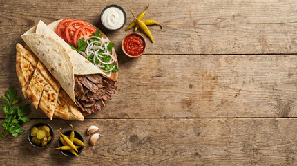 Traditional Turkish Doner Kebab Wrap with Pide Bread and Hot Pepper