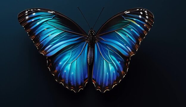Blue morpho butterfly with iridescent electric blue and turquoise wings spread open